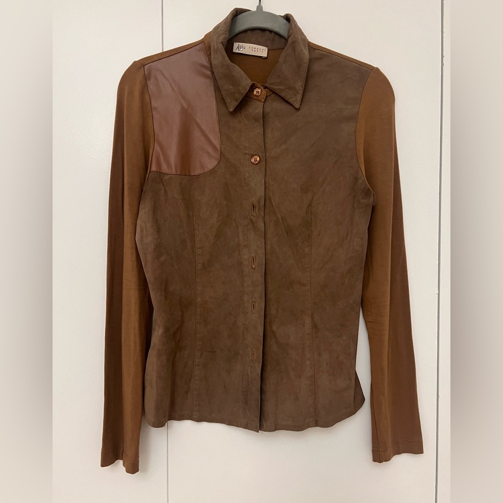 Brown Suede Mixed Media Women's Blouse by French Brand blu aso